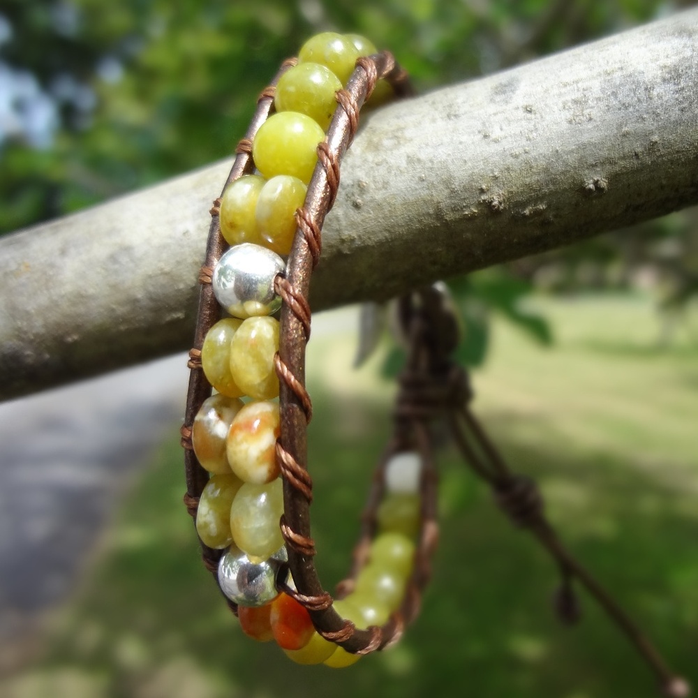 Olive Jade - Bronze Leather Wrap Bracelet